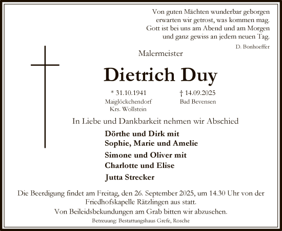 Traueranzeige von Dietrich Duy von AZ