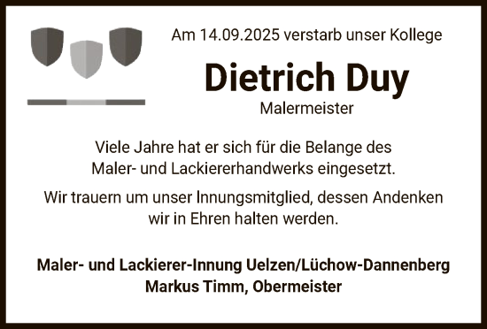 Traueranzeige von Dietrich Duy von AZ