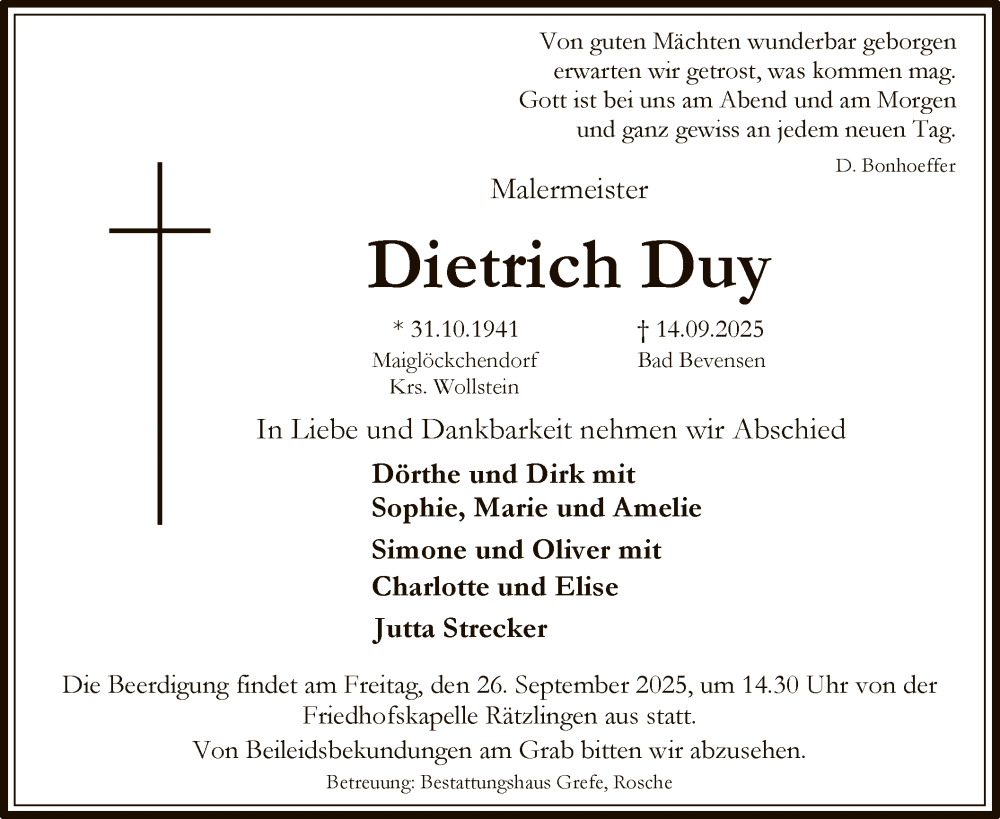  Traueranzeige für Dietrich Duy vom 20.09.2025 aus AZ
