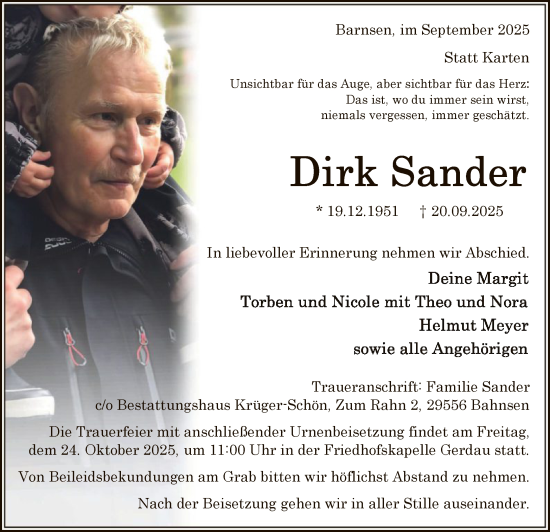 Traueranzeige von Dirk Sander von AZ