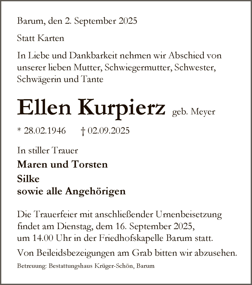  Traueranzeige für Ellen Kurpierz vom 06.09.2025 aus AZ