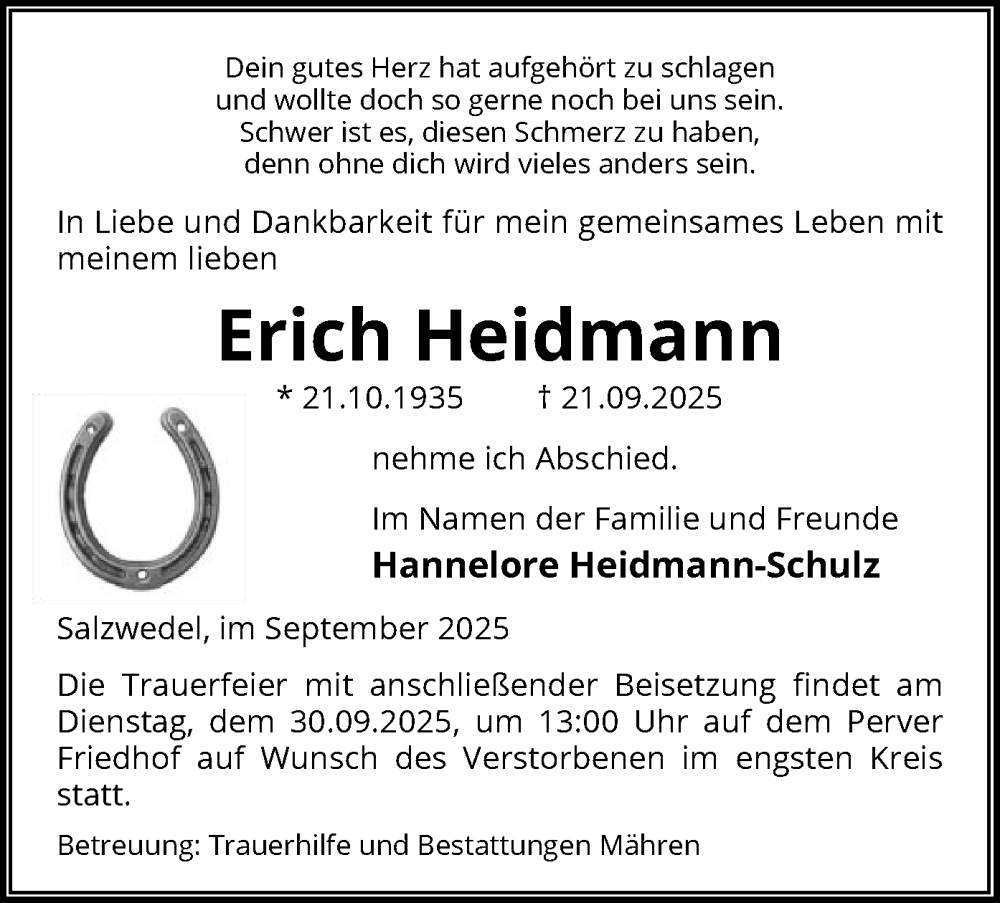 Traueranzeige für Erich Heidmann vom 24.09.2025 aus AMZ
