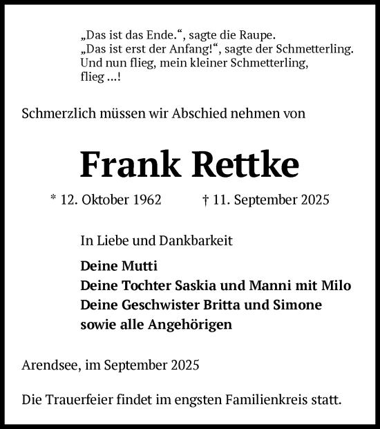 Traueranzeige von Frank Rettke von AMZ