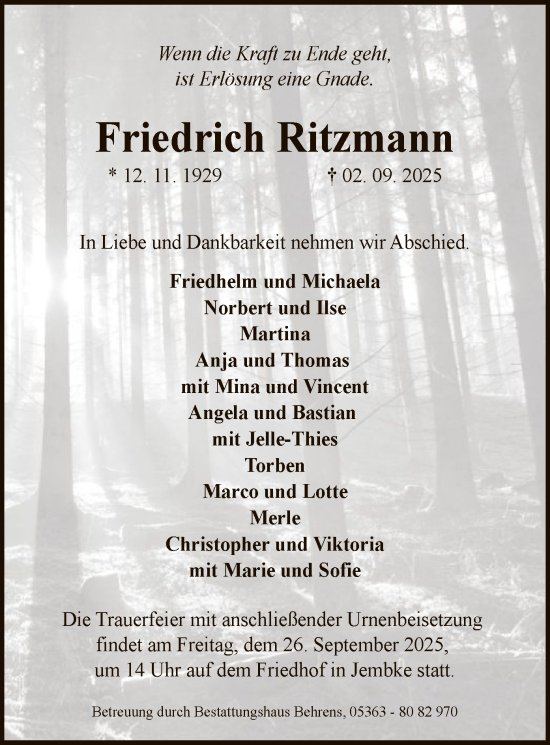 Traueranzeige von Friedrich Ritzmann von AMZ