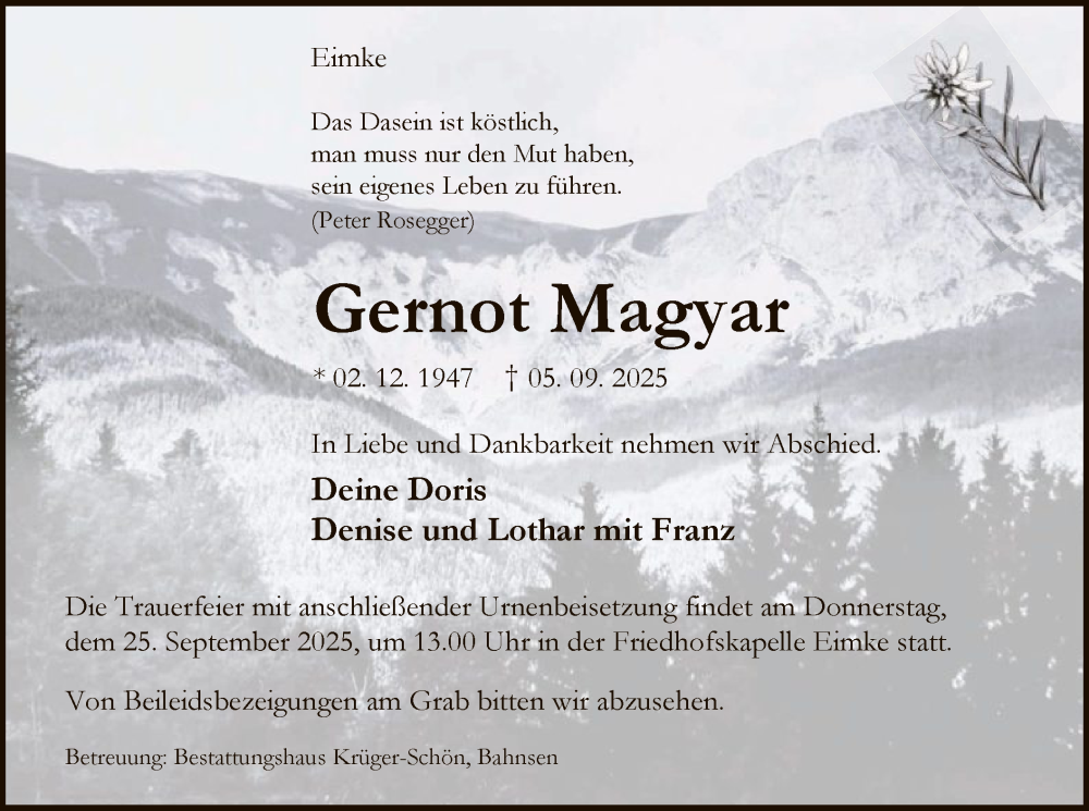  Traueranzeige für Gernot Magyar vom 13.09.2025 aus AZ