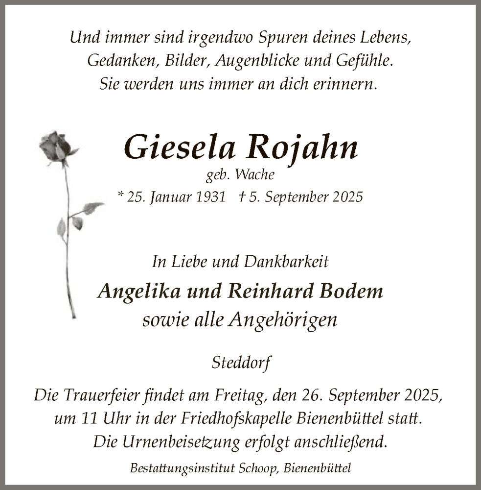  Traueranzeige für Giesela Rojahn vom 20.09.2025 aus AZ