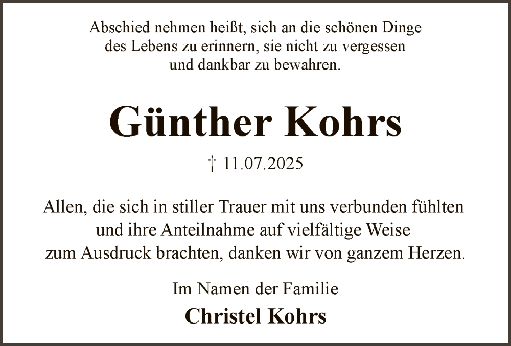  Traueranzeige für Günther Kohrs vom 06.09.2025 aus AZ