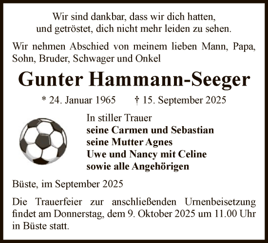 Traueranzeige von Gunter Hammann-Seeger von AMZ