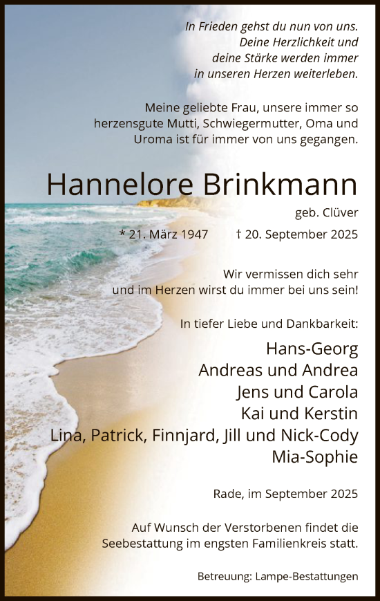 Traueranzeige von Hannelore Brinkmann von IK
