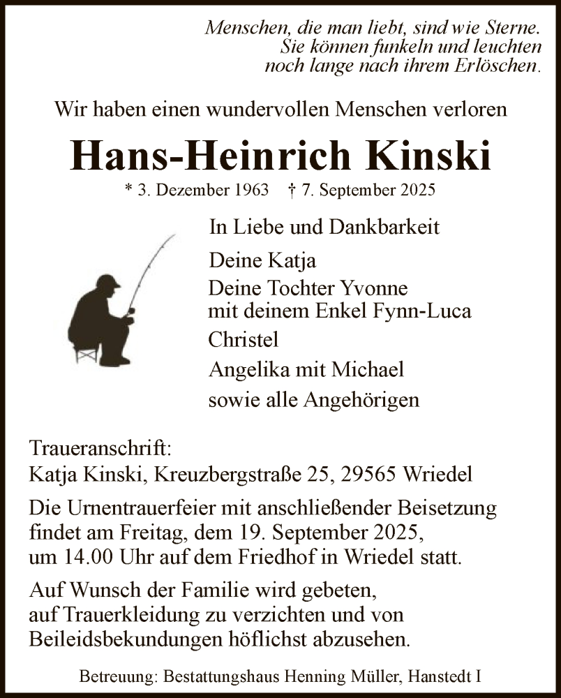  Traueranzeige für Hans-Heinrich Kinski vom 13.09.2025 aus AZ
