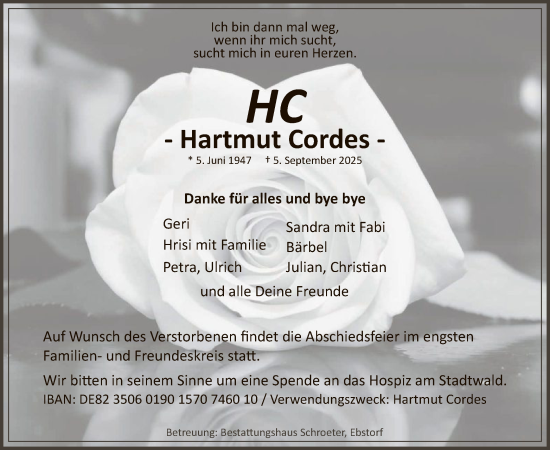 Traueranzeige von Hartmut Cordes von AZ