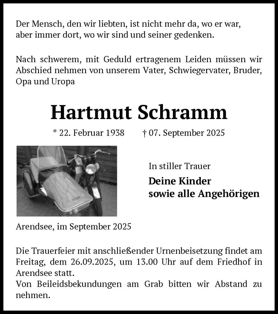  Traueranzeige für Hartmut Schramm vom 18.09.2025 aus AMZ