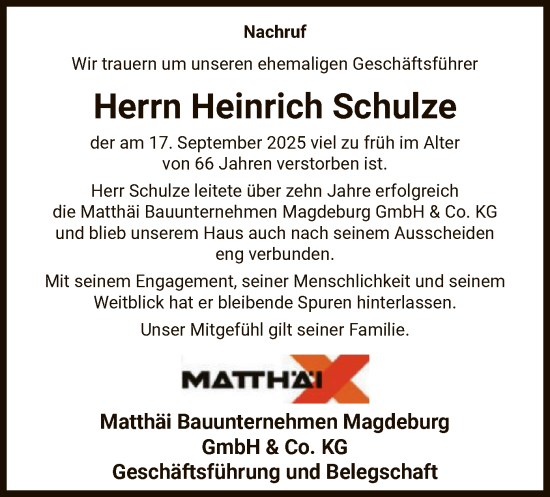 Traueranzeige von Heinrich Schulze von AMZ