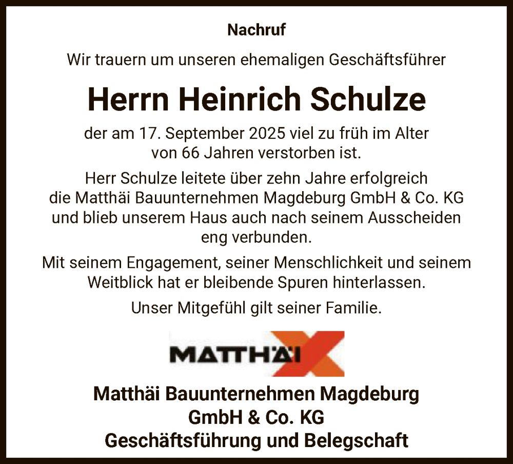  Traueranzeige für Heinrich Schulze vom 27.09.2025 aus AMZ