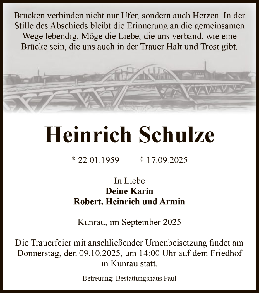  Traueranzeige für Heinrich Schulze vom 24.09.2025 aus AMZ