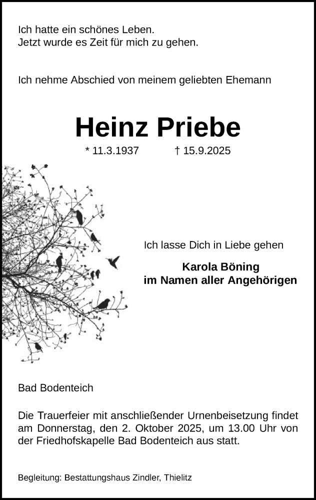  Traueranzeige für Heinz Priebe vom 20.09.2025 aus AZ