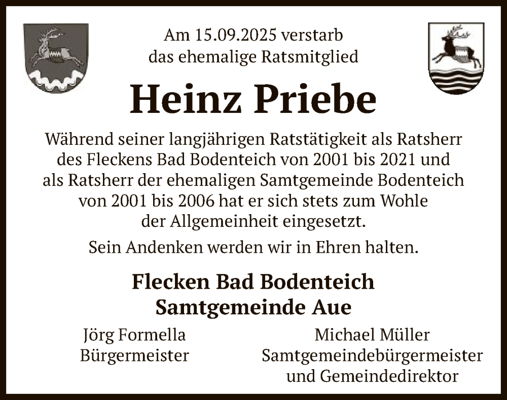 Traueranzeige für Heinz Priebe vom 24.09.2025 aus AZ