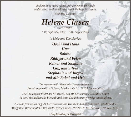 Traueranzeige von Helene Clasen von AZ