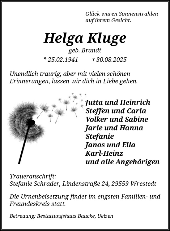 Traueranzeige von Helga Kluge von AZ