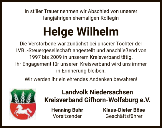 Traueranzeige von Helge Wilhelm von IK