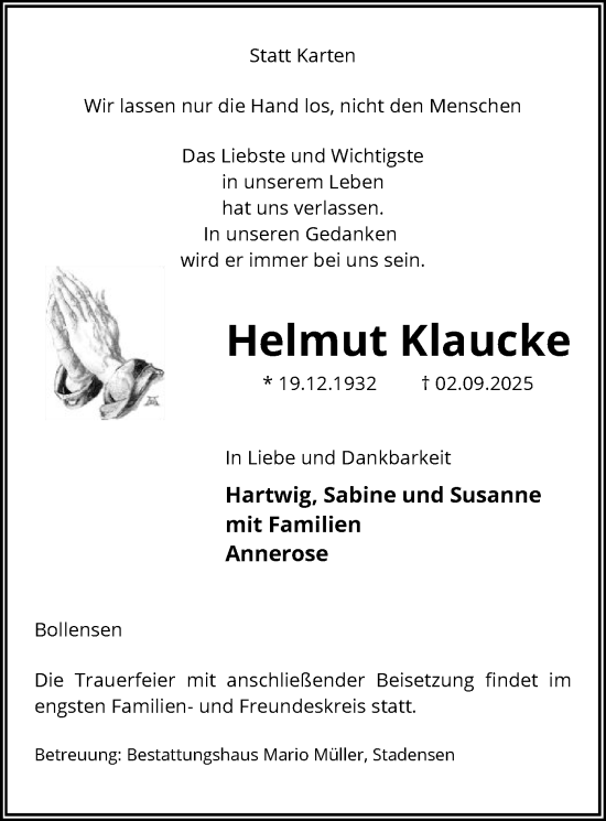 Traueranzeige von Helmut Klaucke von AZ