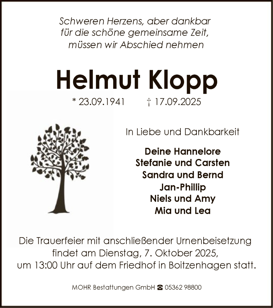  Traueranzeige für Helmut Klopp vom 27.09.2025 aus IK