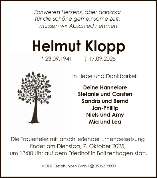 Traueranzeige von Helmut Klopp von IK