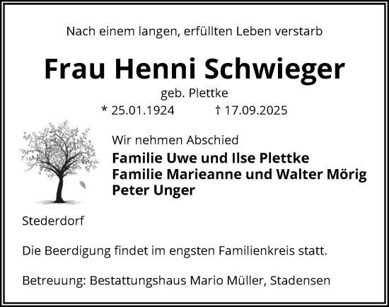 Traueranzeige von Henni Schwieger von AZ