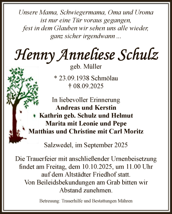 Traueranzeige von Henny Anneliese Schulz von AMZ