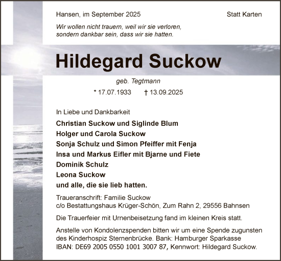 Traueranzeige von Hildegard Suckow von AZ