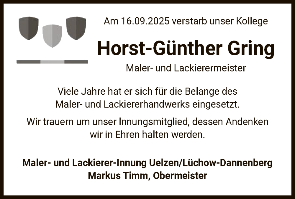  Traueranzeige für Horst Gring vom 23.09.2025 aus AZ