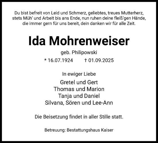 Traueranzeige von Ida Mohrenweiser von AZ