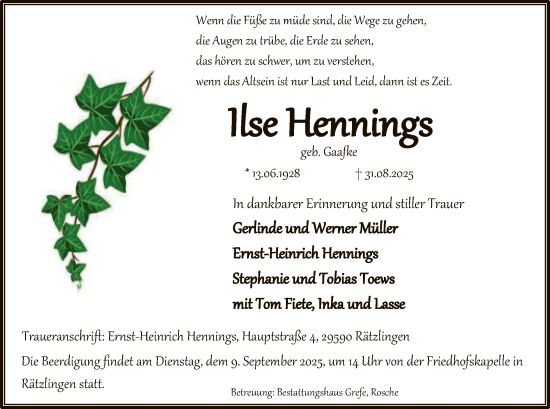 Traueranzeige von Ilse Hennings von AZ