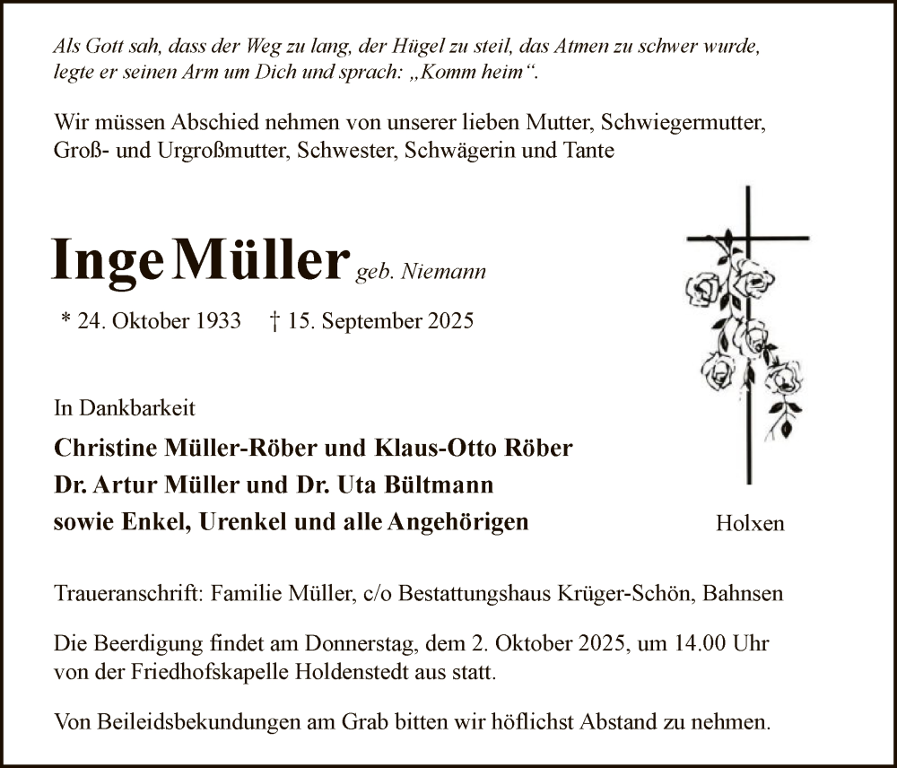  Traueranzeige für Inge Müller vom 20.09.2025 aus AZ