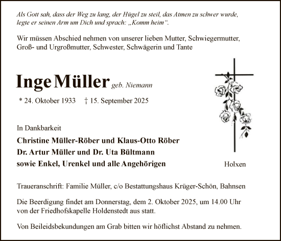 Traueranzeige von Inge Müller von AZ