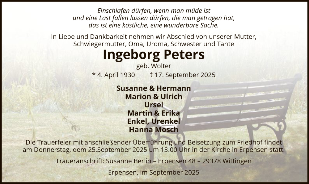  Traueranzeige für Ingeborg Peters vom 20.09.2025 aus IK