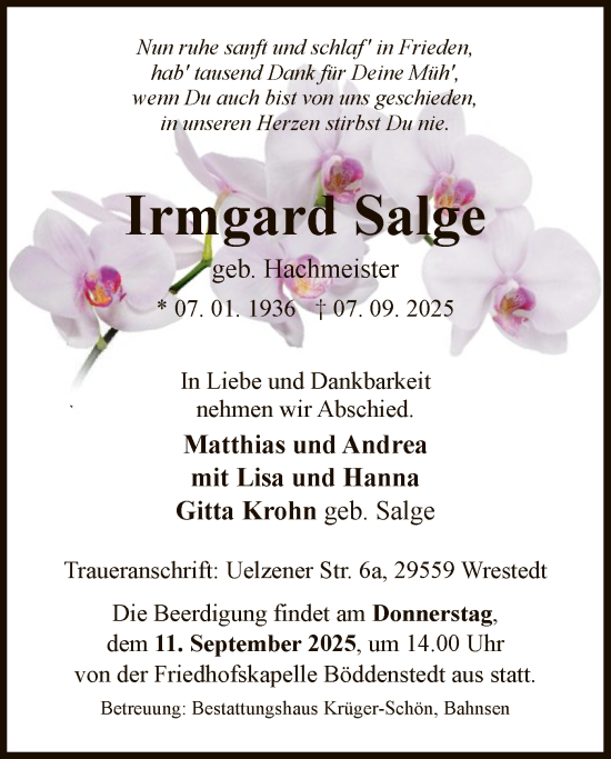 Traueranzeige von Irmgard Salge von AZ