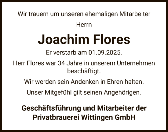 Traueranzeige von Joachim Flores von IK