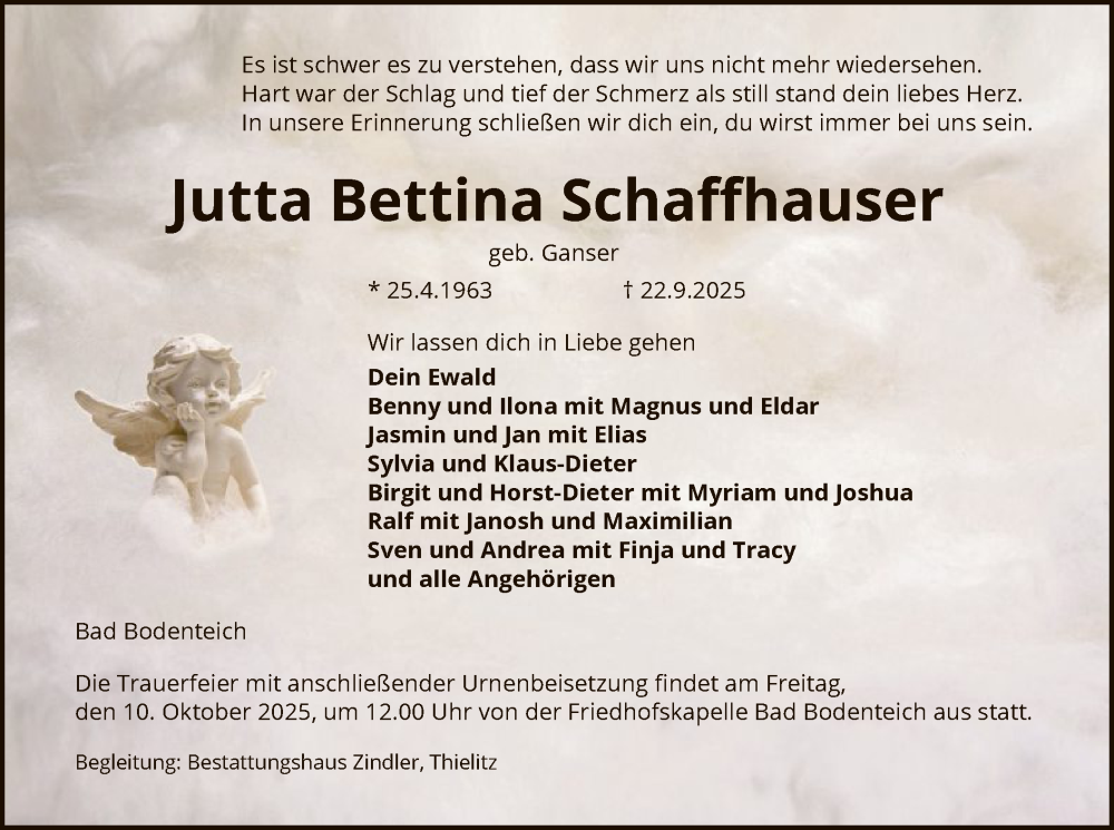  Traueranzeige für Jutta Bettina Schaffhauser vom 27.09.2025 aus AZ
