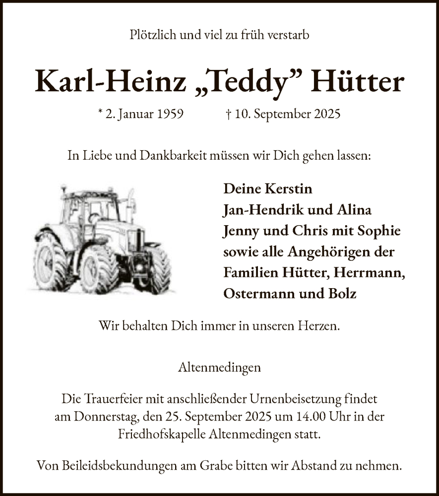  Traueranzeige für Karl-Heinz Hütter vom 20.09.2025 aus AZ