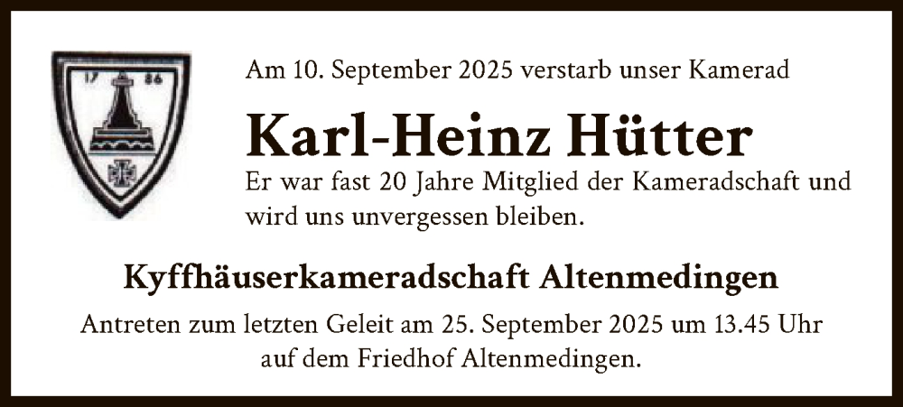  Traueranzeige für Karl-Heinz Hütter vom 20.09.2025 aus AZ