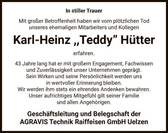 Traueranzeige von Karl-Heinz Hütter von AZ