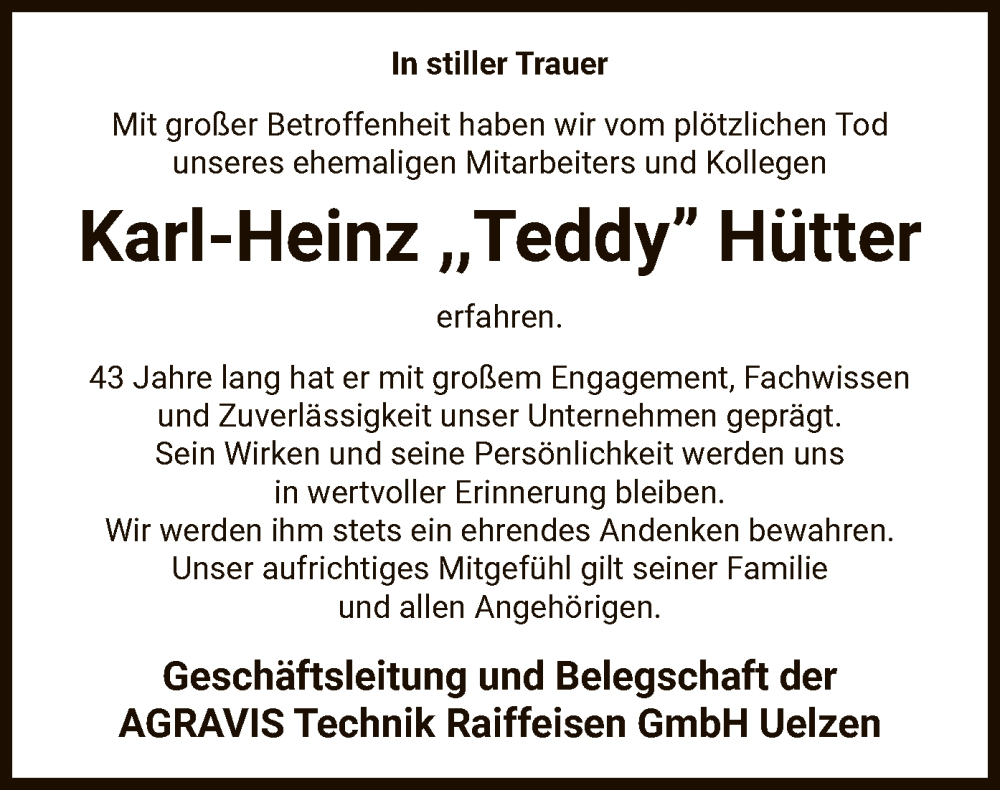  Traueranzeige für Karl-Heinz Hütter vom 27.09.2025 aus AZ