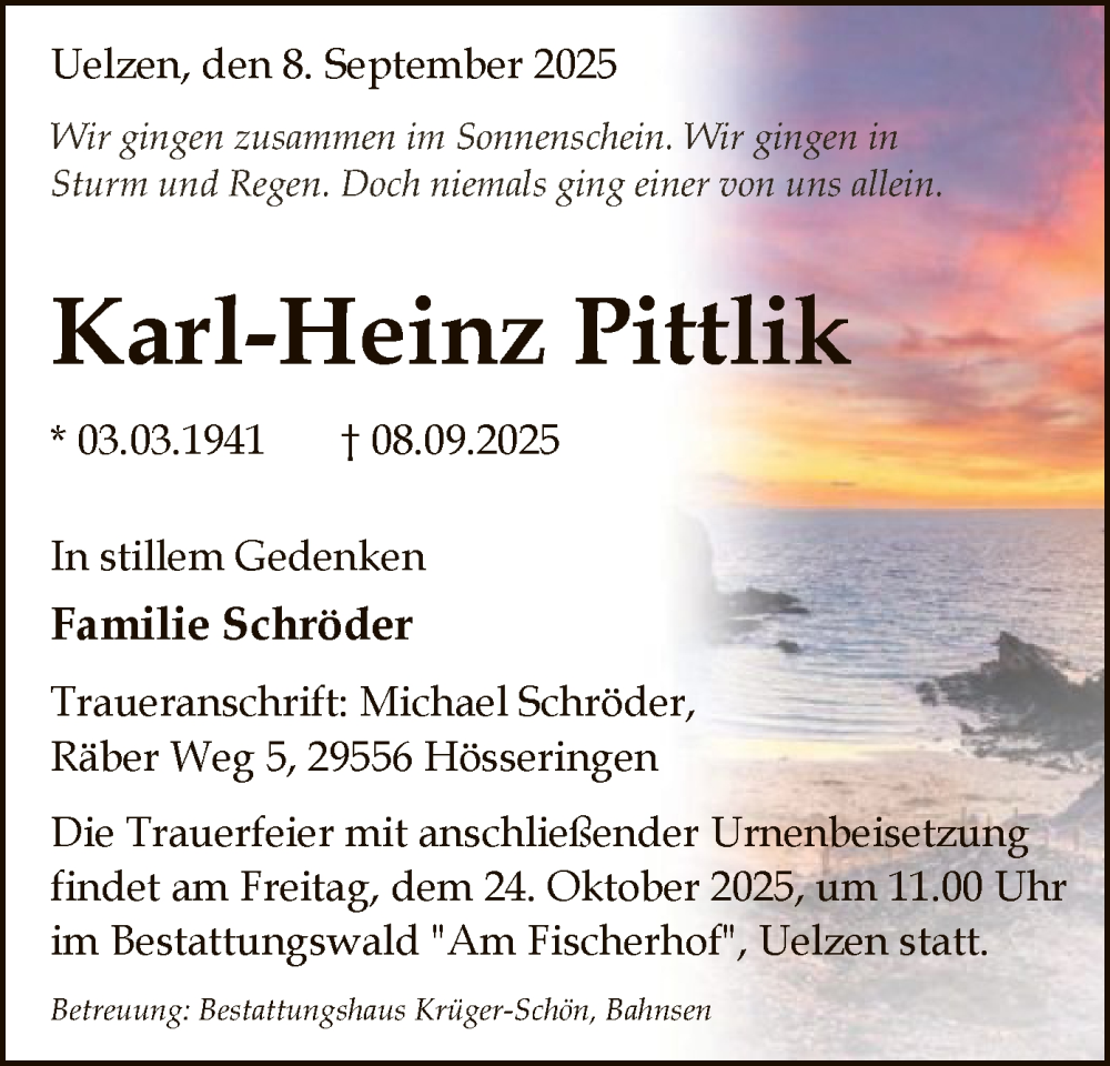  Traueranzeige für Karl-Heinz Pittlik vom 13.09.2025 aus AZ