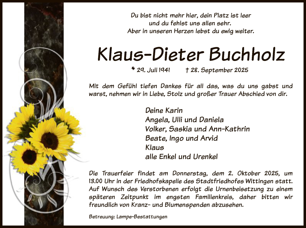  Traueranzeige für Klaus-Dieter Buchholz vom 30.09.2025 aus IK