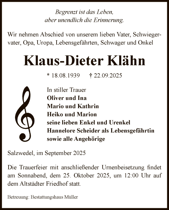 Traueranzeige von Klaus-Dieter Klähn von AMZ