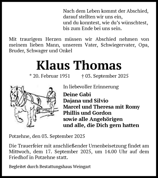 Traueranzeige von Klaus Thomas von AMZ