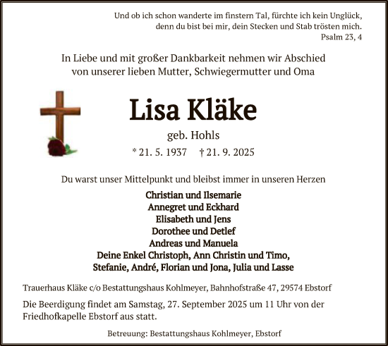 Traueranzeige von Lisa Kläke von AZ