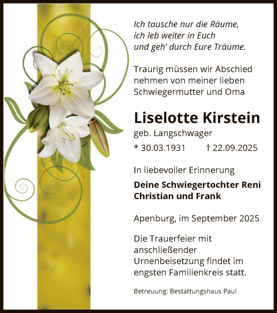 Traueranzeige von Liselotte Kirstein von AMZ