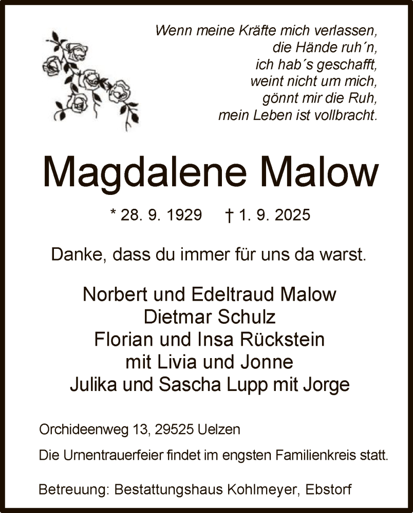  Traueranzeige für Magdalene Malow vom 06.09.2025 aus AZ